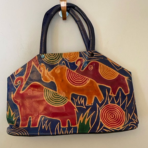 Beautiful 90’s tooled leather colorful elephant pattern hand purse. - Picture 3 of 15